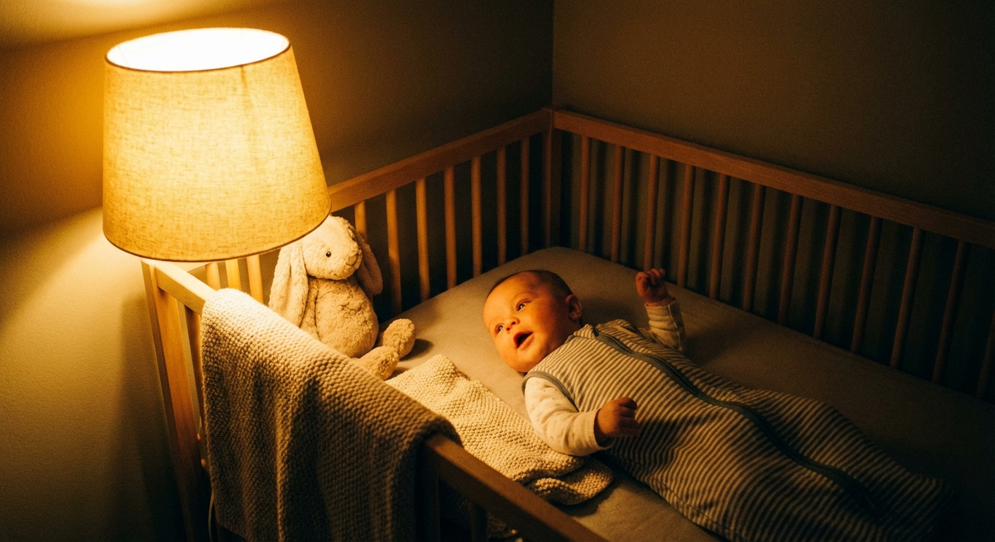 4-month-old baby awake in a crib at night with a warm lamp