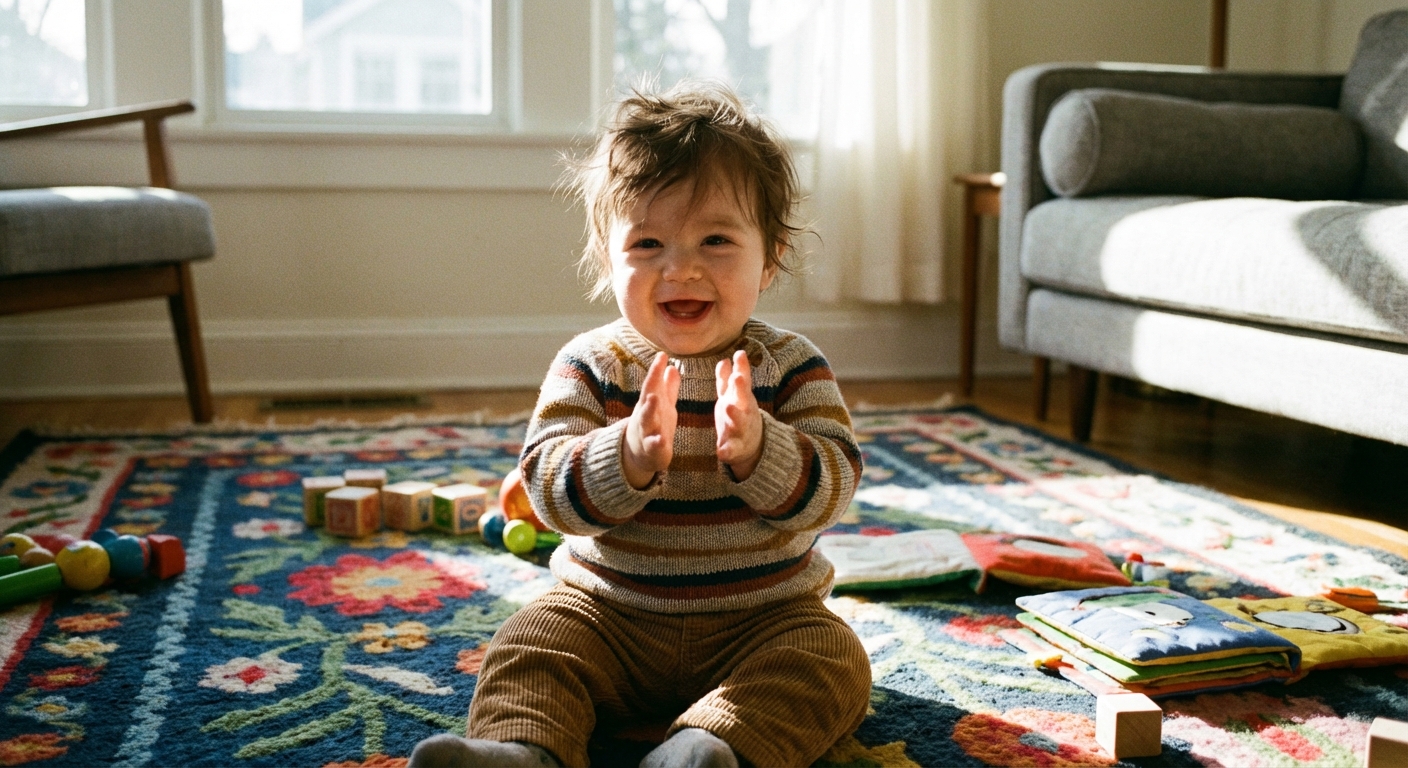 A 10 month old baby sitting on a rug, smiling while clapping hands
