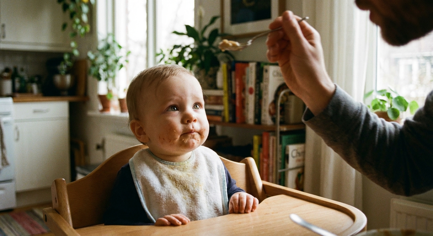 A 12-month-old baby sitting in a high chair looking toward a parent holding a spoon, soft indoor lighting, photorealistic family snapshot