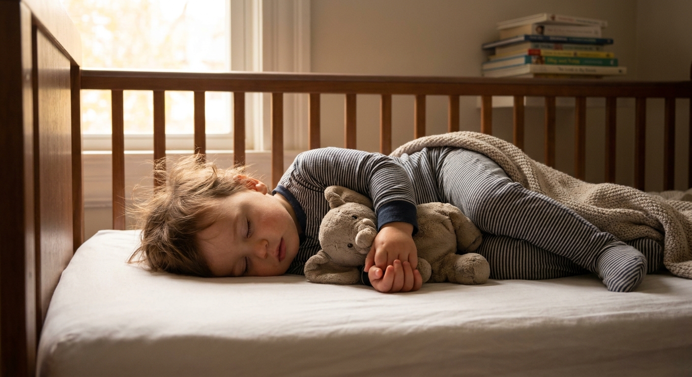 A 13-month-old toddler peacefully sleeping on their side in a crib during an afternoon nap, soft natural light
