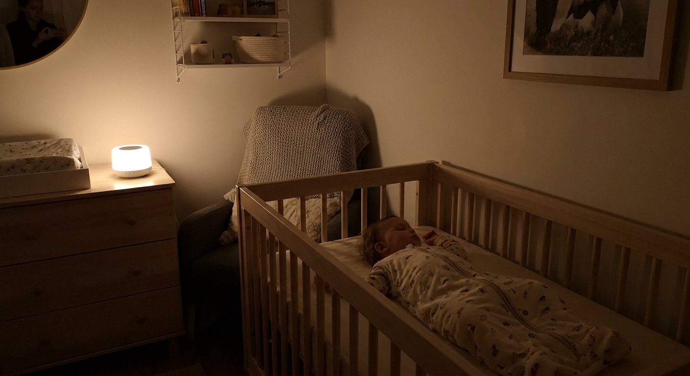 A 14-month-old toddler asleep on their back in a crib at night with a sleep sack and soft white noise machine light, peaceful home setting, real photograph