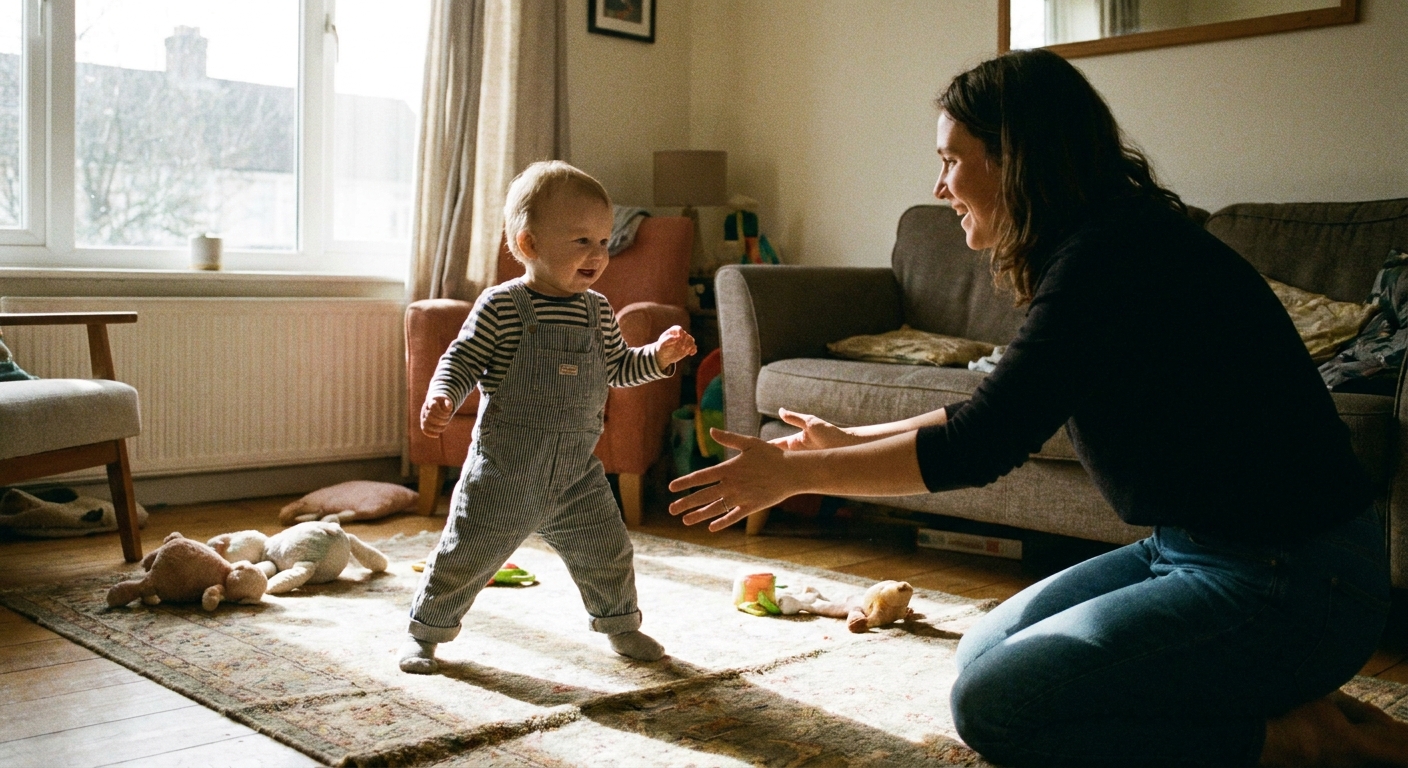 A 14-month-old toddler taking wobbly first steps across a living room while a parent kneels nearby with arms open, natural indoor light, real-life family photo