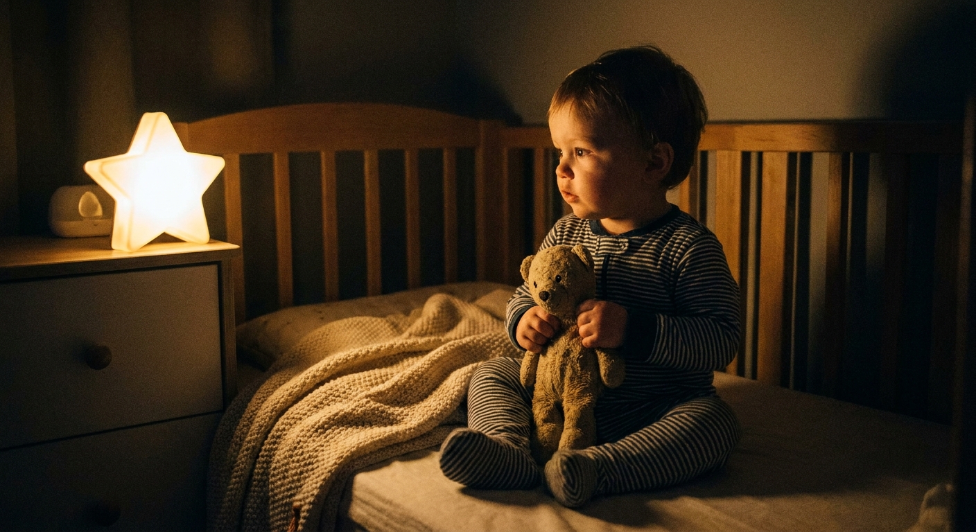 A 16-month-old toddler sitting in a crib holding a small stuffed animal with a soft nightlight in the room, realistic nighttime photo