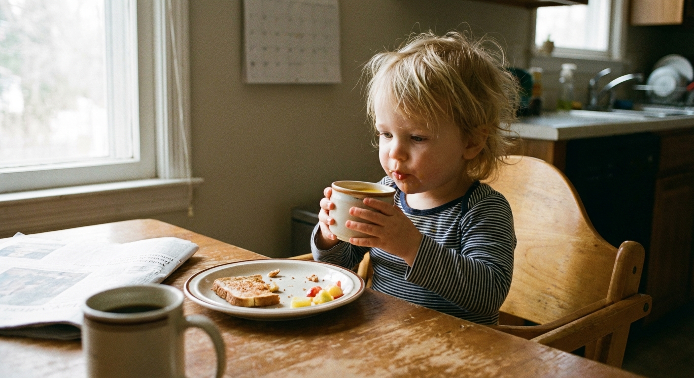 A 2 year old toddler sitting at a kitchen table drinking a small portion of orange juice from an open cup during breakfast, natural morning light, realistic family photo