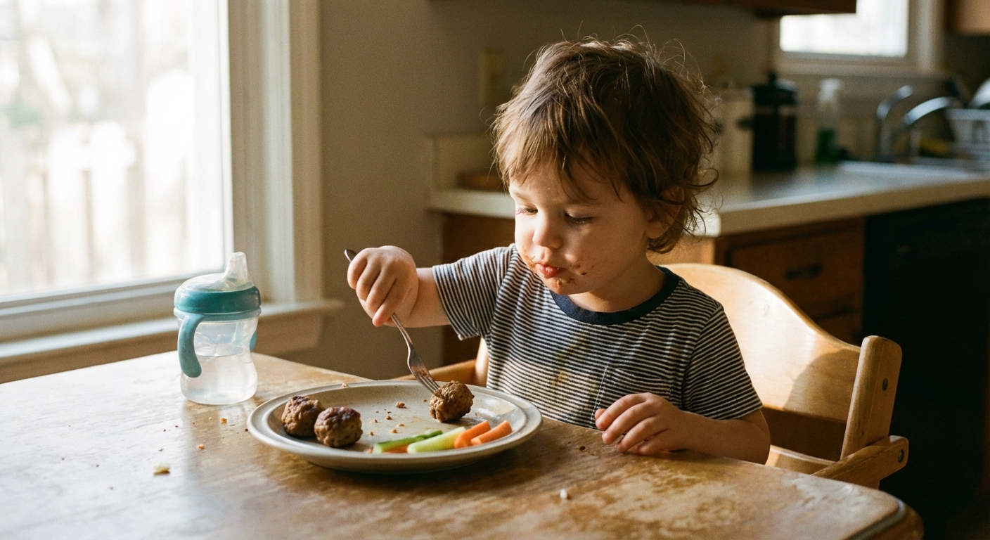 A 2-year-old toddler sitting at a kitchen table eating a small meatball with a fork, with a simple plate of food and a cup nearby, warm natural light, candid family photograph