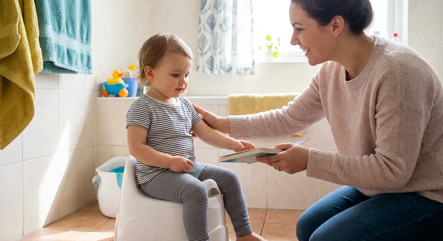 A 2-year-old toddler sitting fully clothed on a small potty chair in a bright bathroom while a parent kneels nearby offering calm encouragement, candid lifestyle photograph