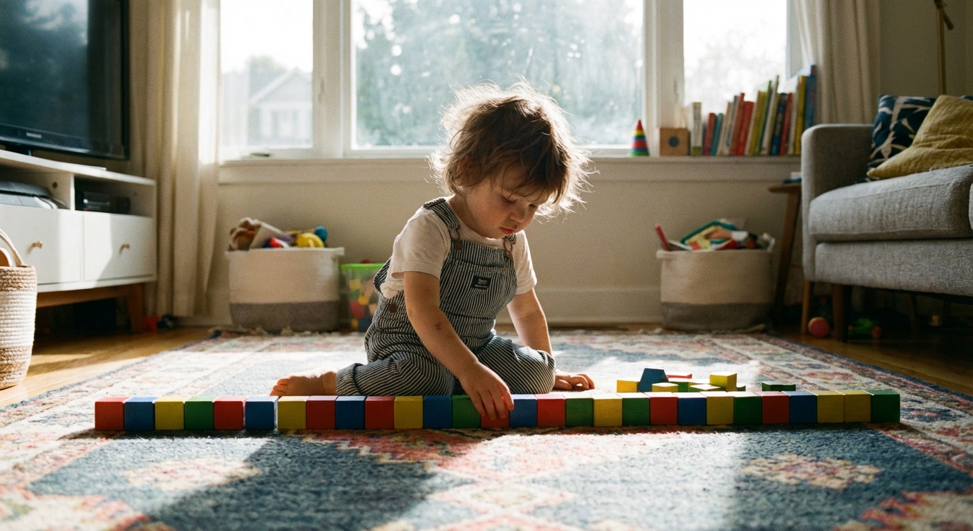 A 2-year-old toddler sitting on a rug carefully lining up colorful blocks in a row, bright daytime indoor light, photorealistic lifestyle photo