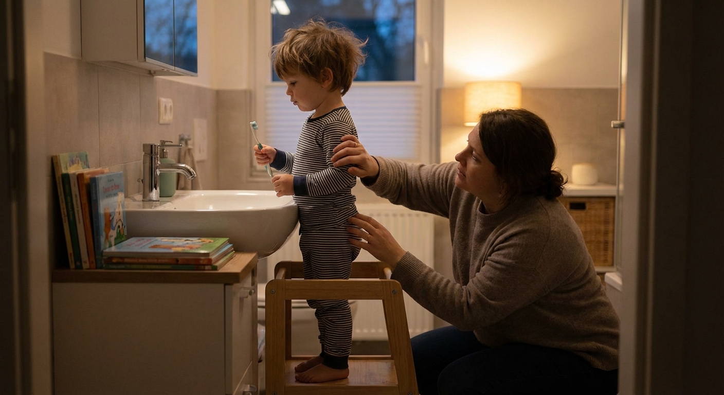 A 2-year-old toddler standing on a small bathroom step stool while a parent helps them brush their teeth, soft evening lighting and bedtime routine feeling