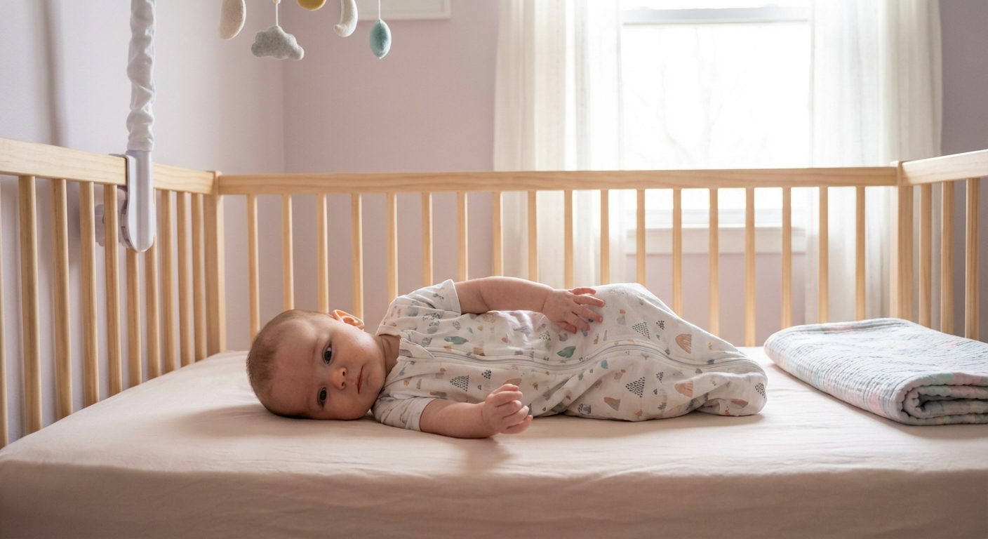 A 3 month old baby in a crib beginning to roll from back to side, wearing a zip sleep sack with arms free, photographed in a calm nursery with soft daylight