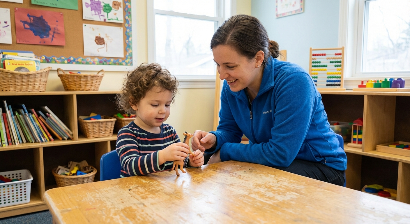 A 3-year-old toddler sitting at a small preschool table with a caregiver nearby, holding a toy figure, classroom shelves in the background, photorealistic documentary-style photo