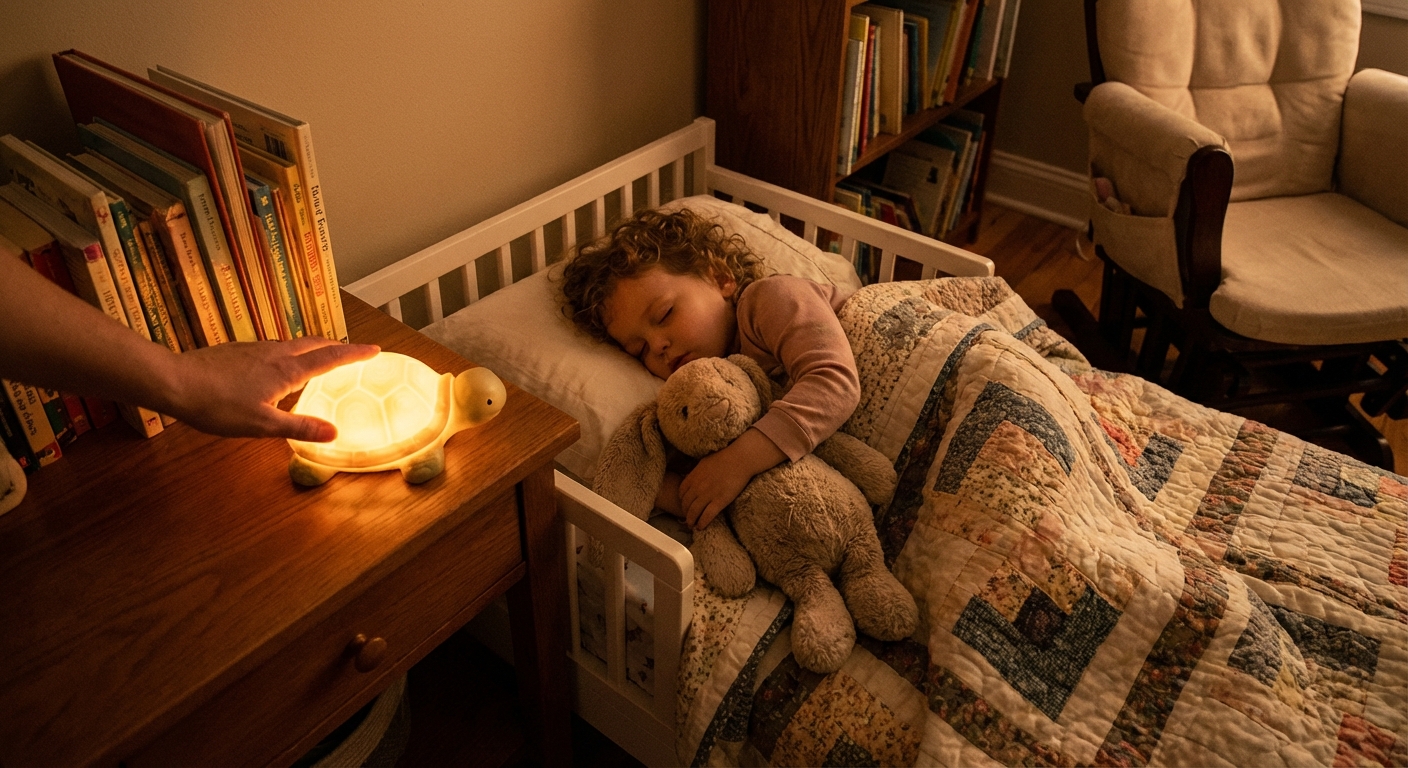 A 3-year-old toddler tucked into bed with a small stuffed animal while a parent adjusts a soft nightlight on a bedside table, calm nighttime bedroom scene