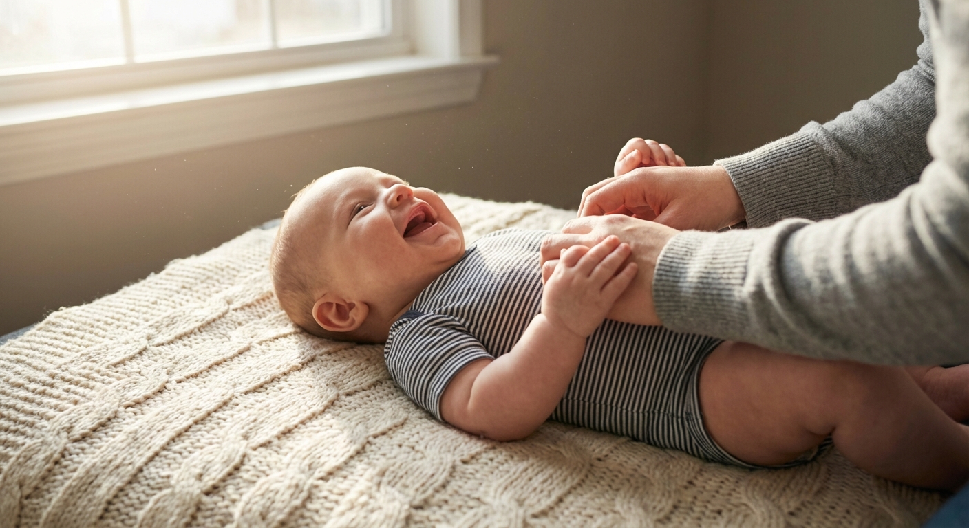 A 4-month-old baby lying on a soft blanket, looking up and laughing with an open mouth while a parent’s hands gently tickle their belly, warm natural window light, candid photo