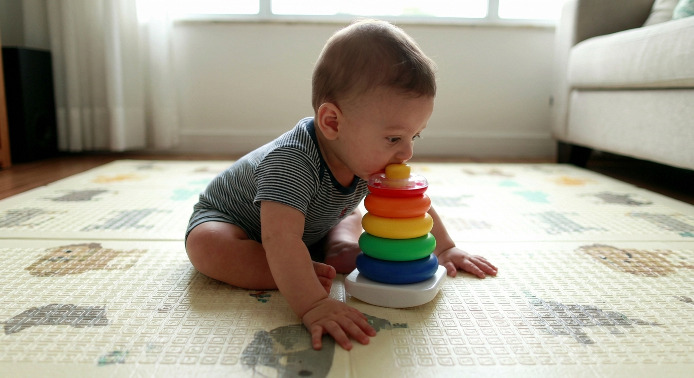 A 6-month-old baby in tripod sitting position on a foam play mat, leaning forward with both hands on the floor, focused on a toy in front of them, natural indoor lighting