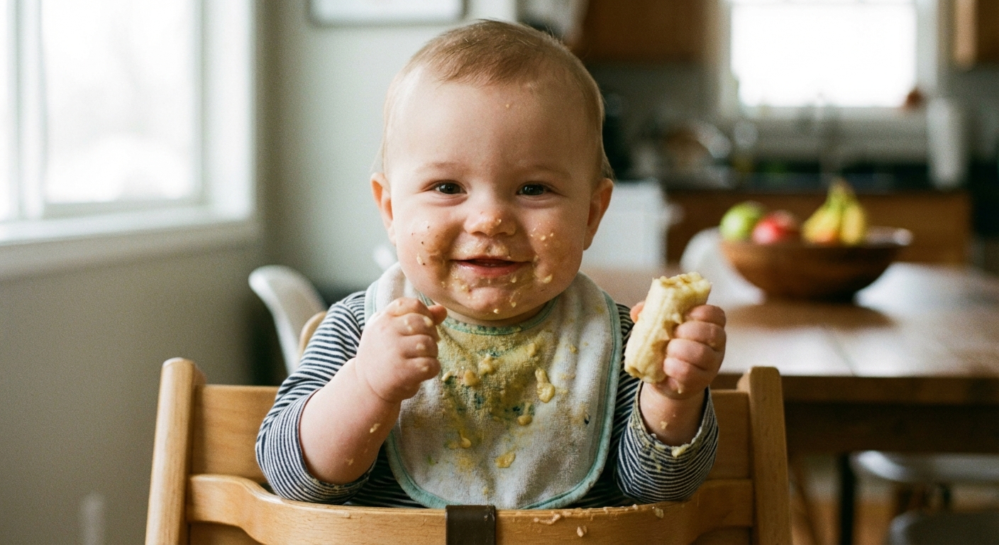 A 6-month-old baby sitting in a high chair holding a soft piece of ripe banana in their hand, food smeared on their cheeks and bib, candid kitchen photo