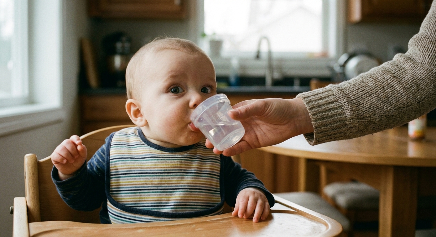 A 6 month old baby sitting in a high chair taking a careful sip from a small open training cup while a parent holds the cup steady, soft indoor light, candid photo