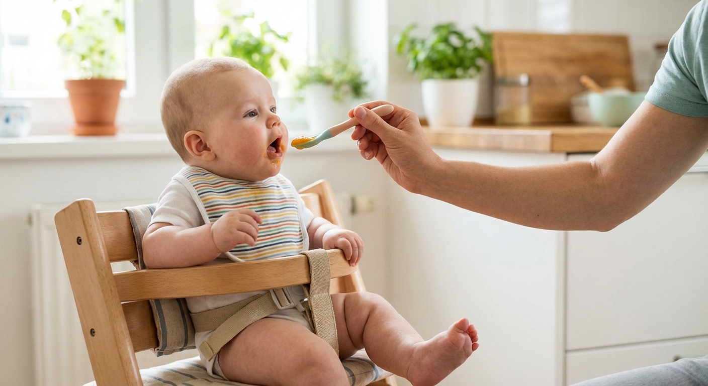 A 6-month-old baby sitting upright in a simple high chair with a secure harness, feet resting on a footrest, a parent offering a small spoon of puree, bright kitchen background