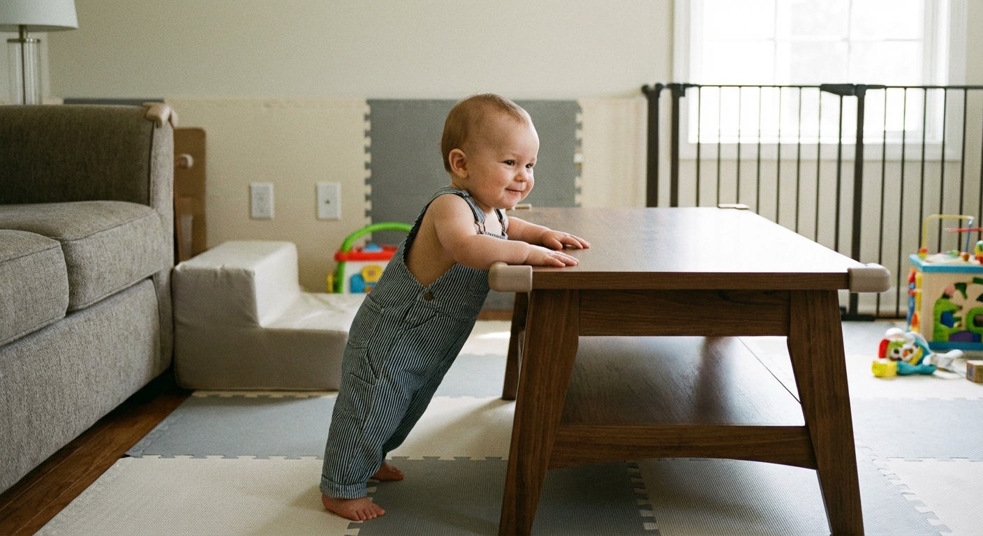 A baby cruising sideways while holding onto a coffee table in a childproofed living room