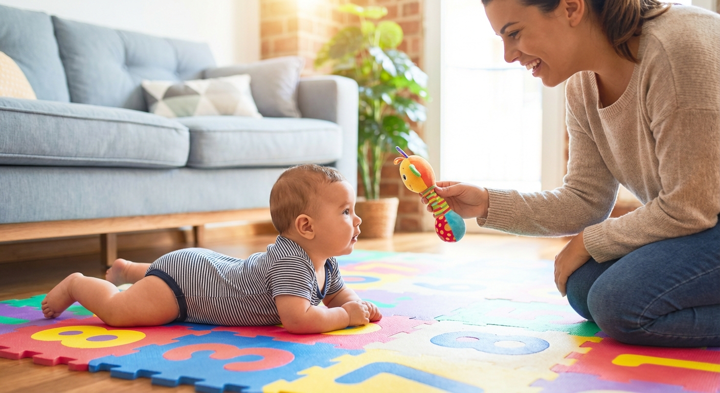 A baby doing tummy time on a foam mat, propped on forearms with head lifted, a caregiver kneeling nearby offering a small toy, photorealistic