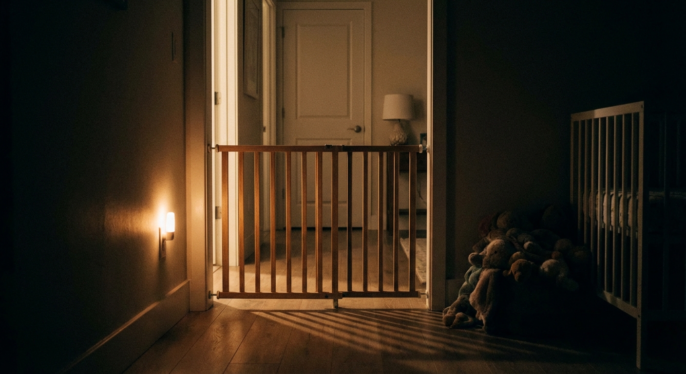 A baby gate installed in a bedroom doorway at night with a dim hallway light outside, showing a safe boundary for a toddler room, realistic home photo