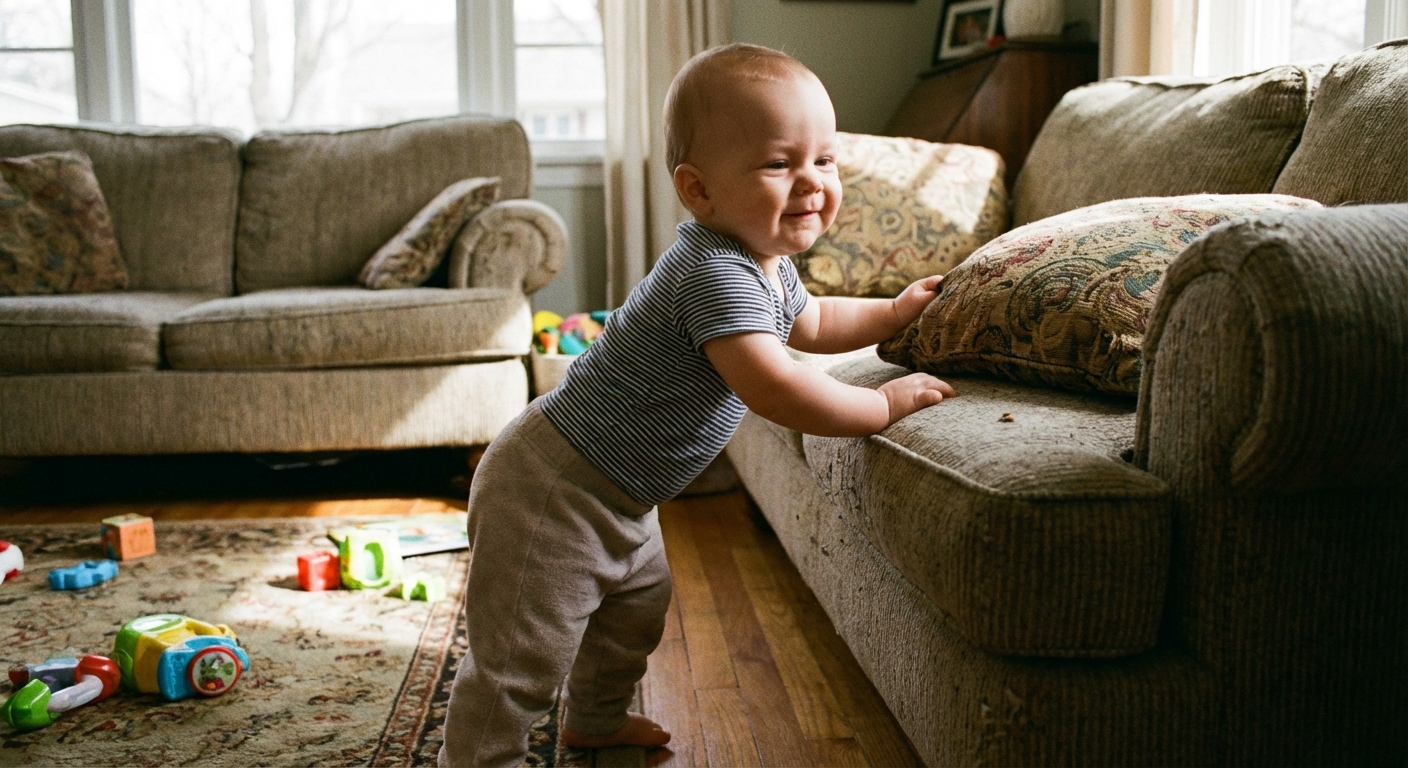 A baby holding onto a sofa cushion while pulling up to a standing position in a home setting
