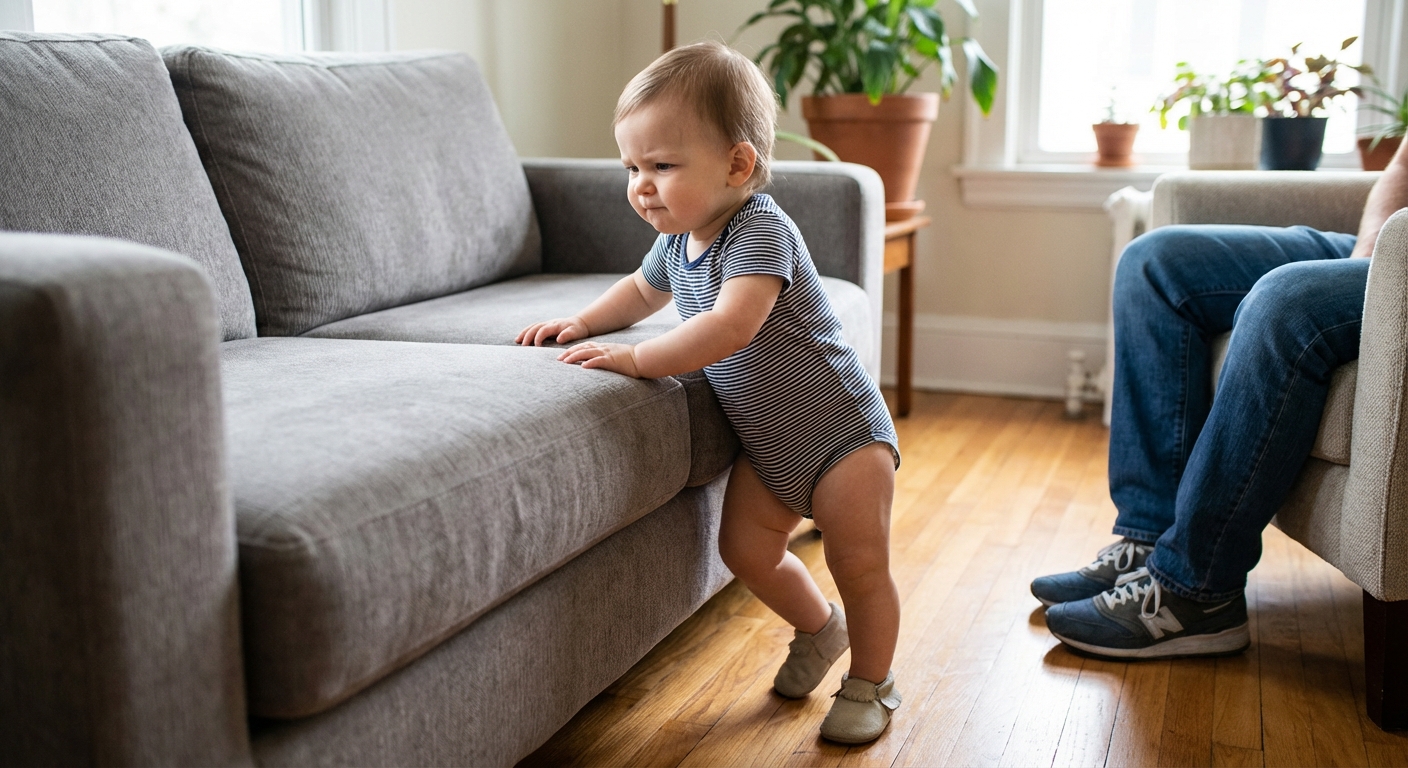A baby holding onto a sofa while cruising sideways, focused expression, a caregiver’s legs visible nearby for supervision, home interior, natural light