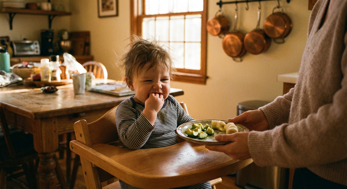 A baby in a high chair rubbing their gums with a hand while a parent offers a small plate of soft foods, warm kitchen lighting, realistic candid photo