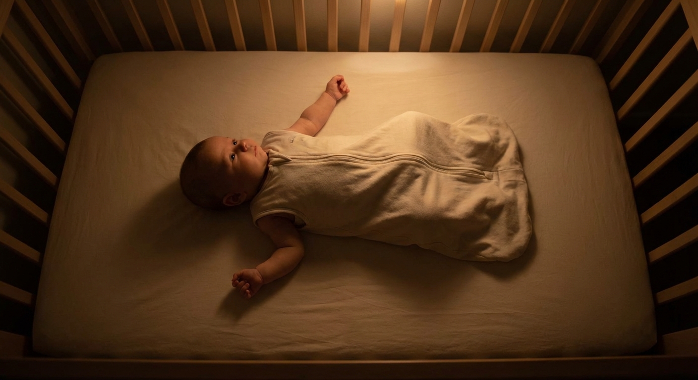 A baby lying on their back in a crib wearing a sleeveless sleep sack, with a fitted sheet on a firm mattress and no blankets or toys, soft nighttime lighting, photorealistic