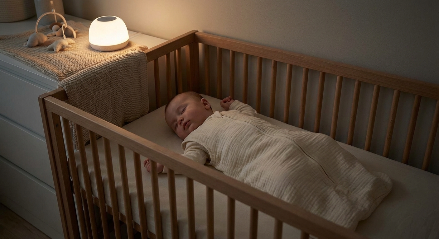 A baby lying on their back in a crib wearing a sleep sack, the room dark with soft white noise machine light visible, peaceful nighttime scene, realistic photography