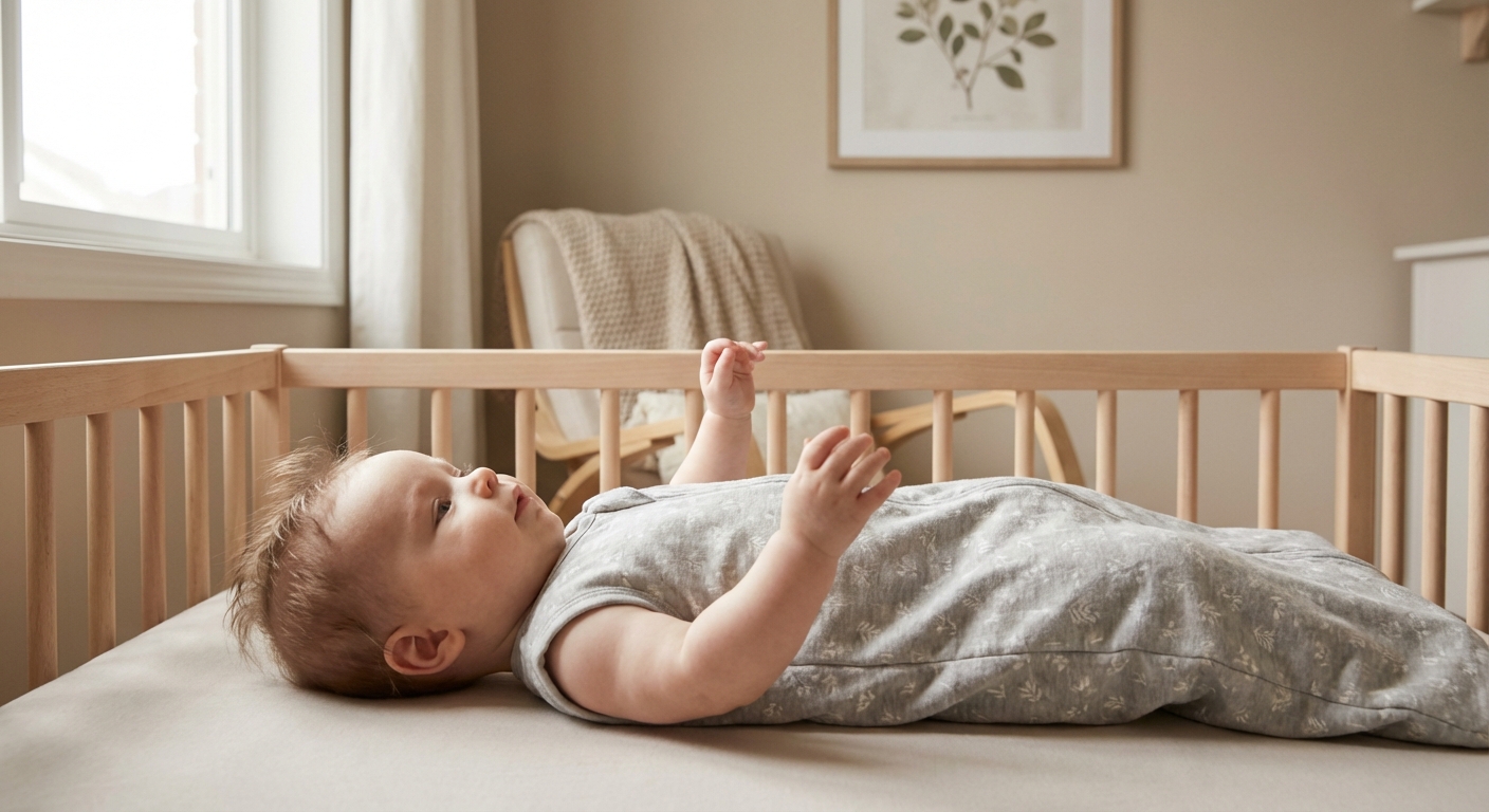 A baby lying on their back in a crib wearing a wearable blanket sleep sack with arms free, neutral nursery background, photorealistic lifestyle photograph
