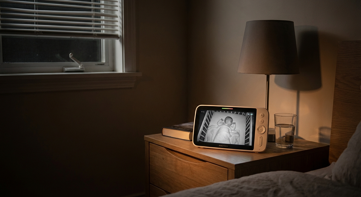 A baby monitor sitting on a nightstand in a dark bedroom with a soft glow from the screen, showing a sleeping baby in a crib, photorealistic lifestyle photography