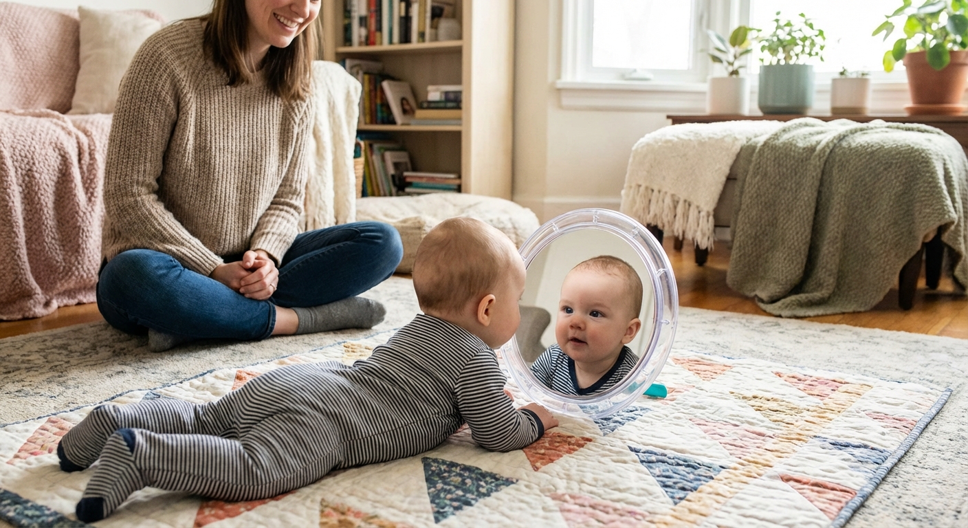 A baby on their tummy on a blanket looking into a small unbreakable mirror placed in front of them, parent nearby on the floor, cozy living room scene