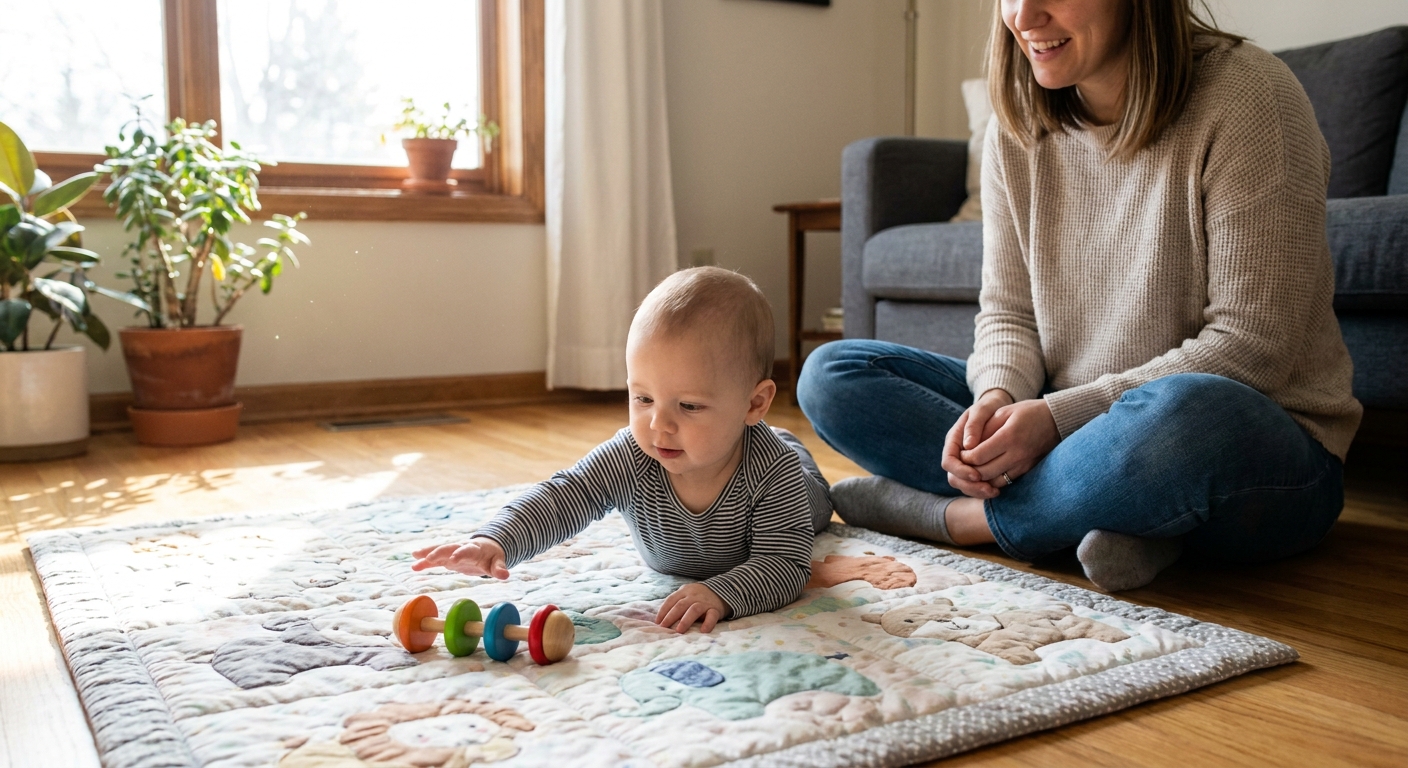 A baby on their tummy on a soft play mat reaching for a simple toy while a parent sits close by on the floor, natural home lighting