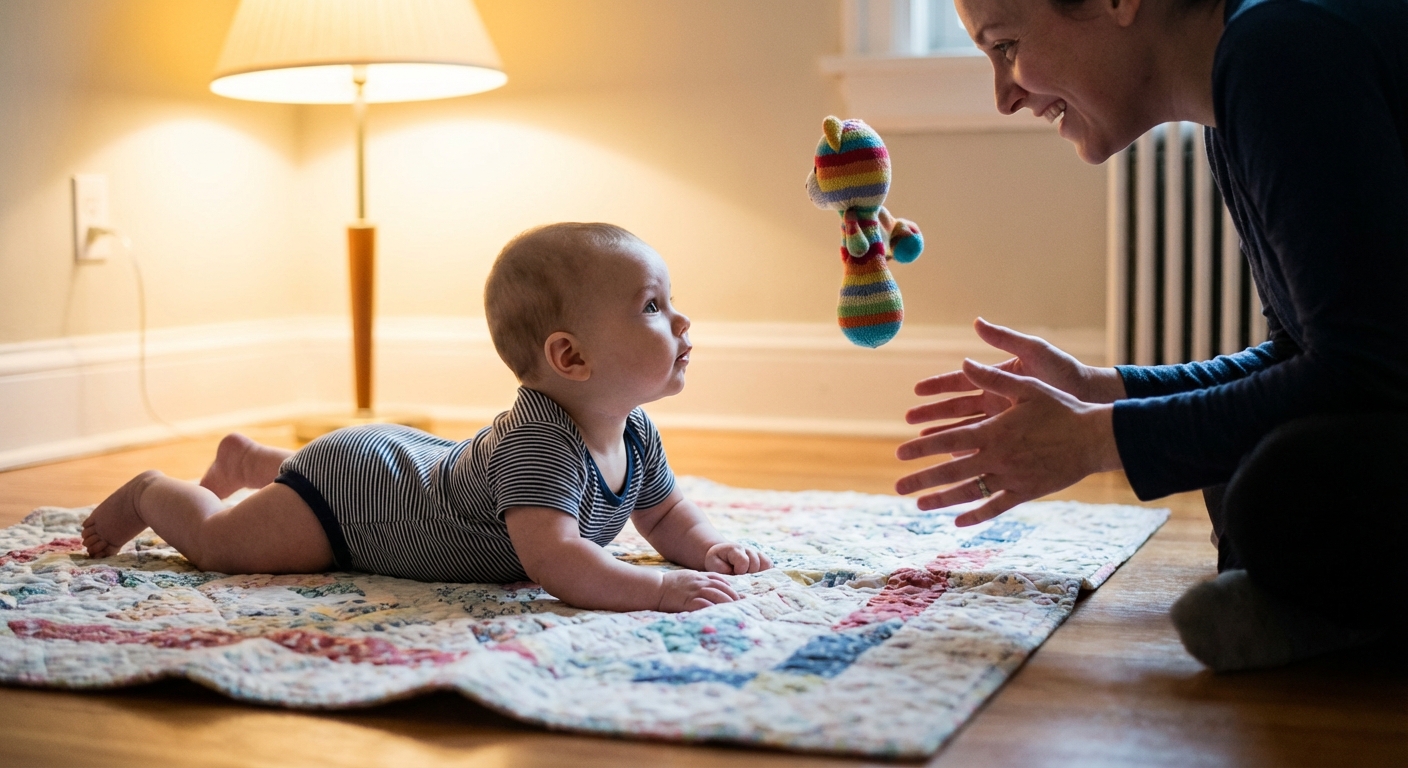 A baby propped on forearms during tummy time on a blanket, looking toward a caregiver holding a simple toy, warm indoor lighting, candid photo