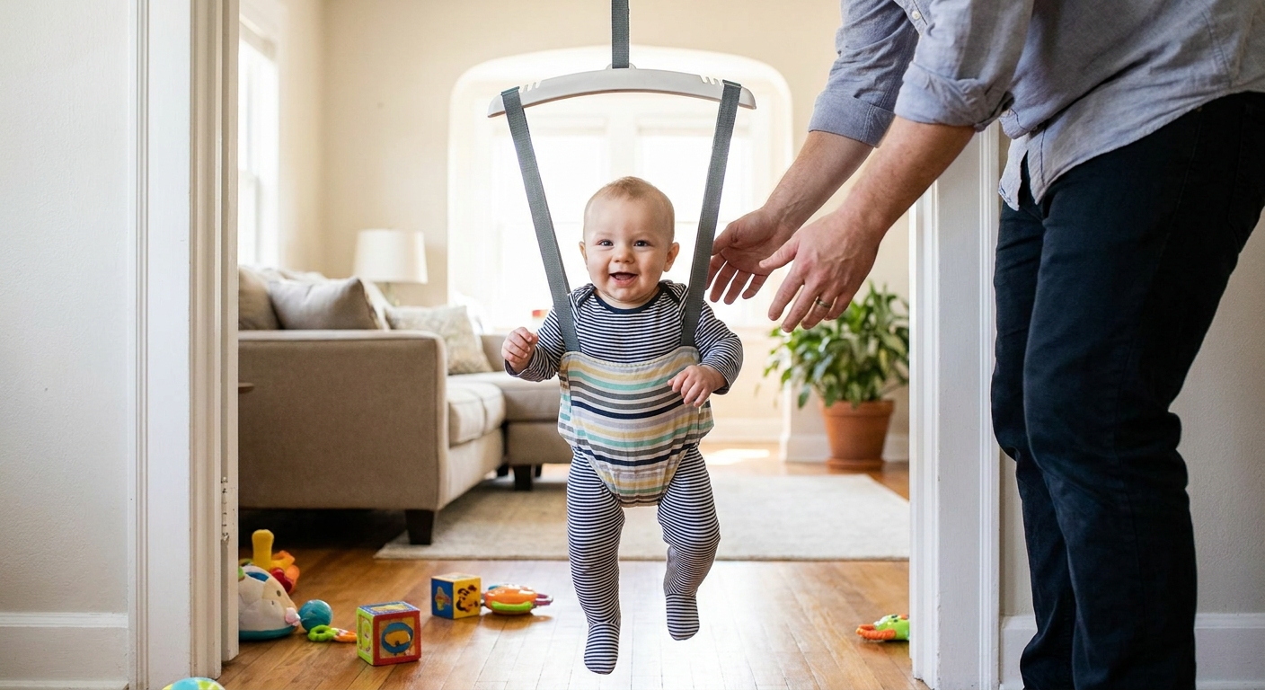 A baby secured in a doorway jumper while an adult stands close with hands ready to steady the straps, bright indoor home photo