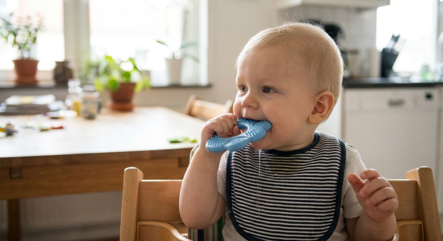 A baby sitting in a high chair chewing on a silicone teether with visible drool on the chin, natural kitchen light