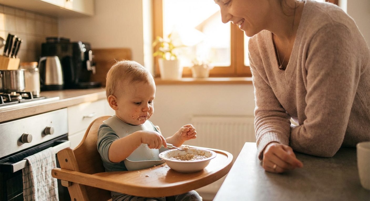 A baby sitting in a high chair with a small bowl and spoon on the tray while a parent stands nearby in a home kitchen, soft natural light, realistic candid photo