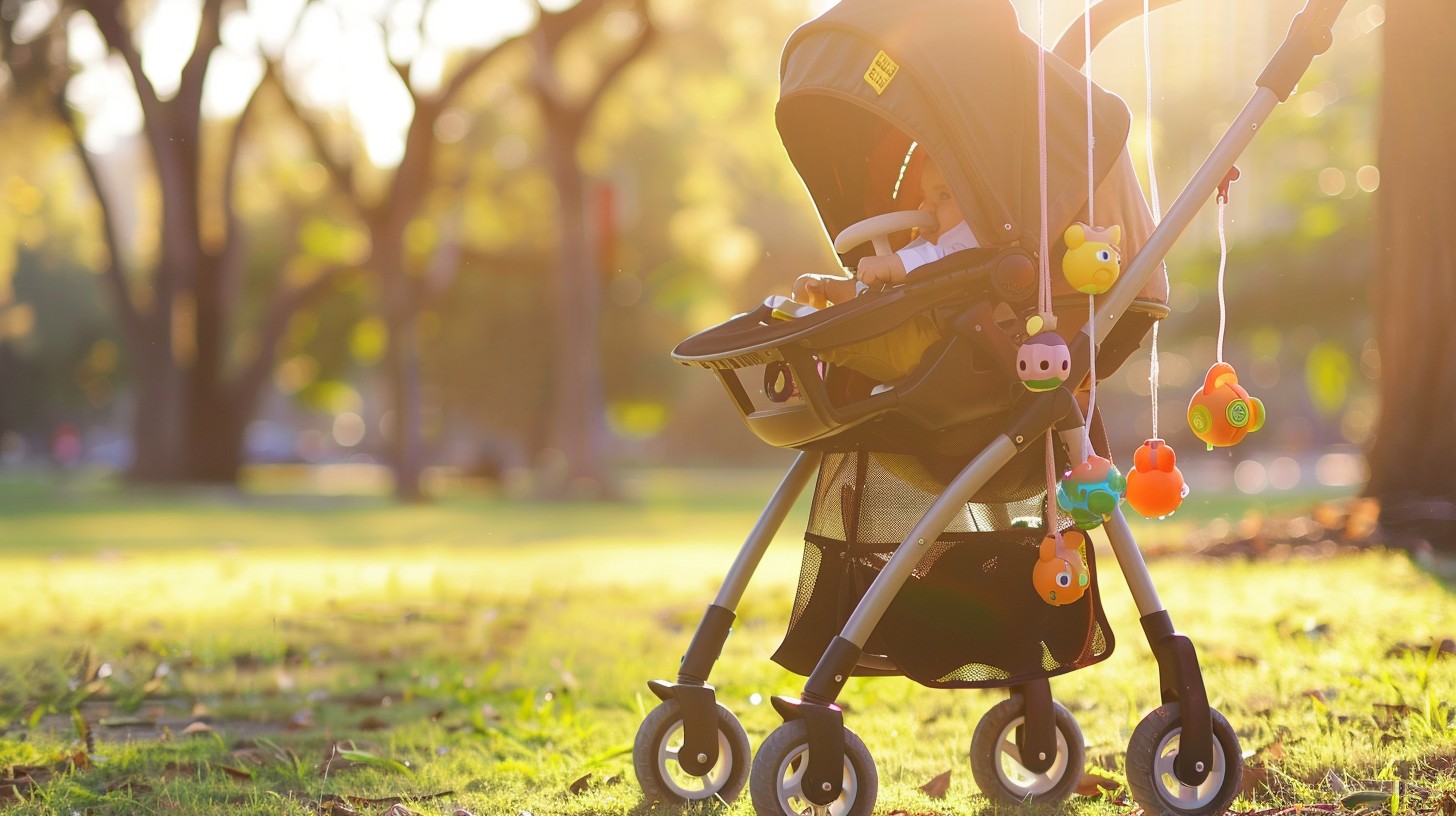 A baby sitting in a stroller on a quiet sidewalk in soft morning sunlight while a parent walks beside them, real-life outdoor photo