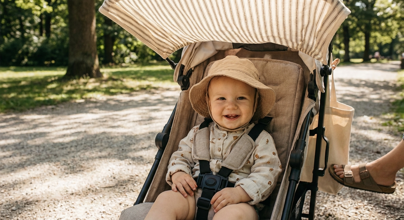 A baby sitting in a stroller wearing a wide-brim sun hat and lightweight long-sleeve shirt under a shade canopy on a sunny day, candid photorealistic lifestyle photograph