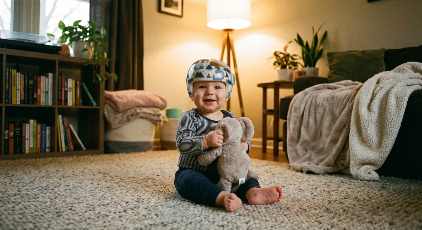 A baby sitting on a carpeted floor wearing a cranial remolding helmet while playing with a soft toy, warm indoor lighting, candid realistic photograph