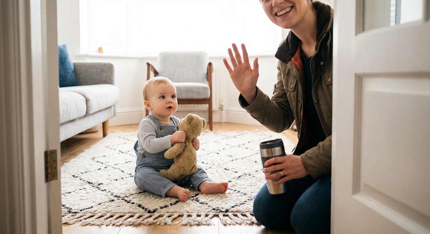 A baby sitting on a living room rug holding a small stuffed animal while a parent waves goodbye in front of them
