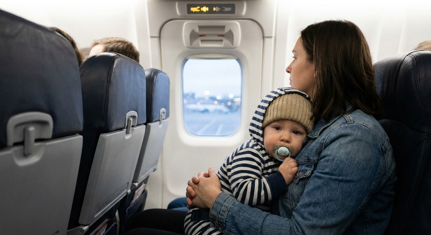A baby sitting on a parent’s lap on an airplane seat, calmly sucking a pacifier during landing, real candid travel photo