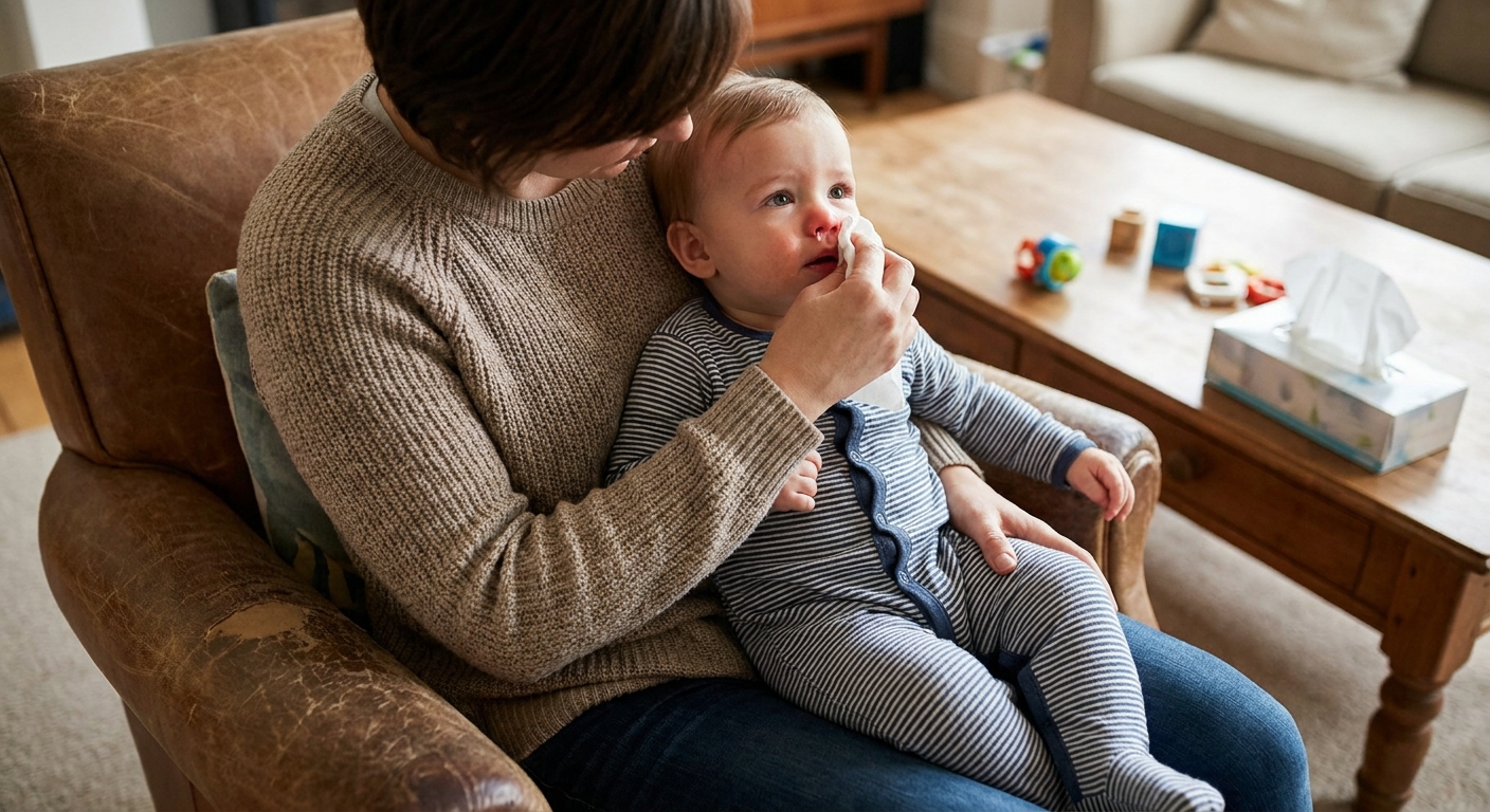 A baby sitting on a parent's lap with a runny nose while the parent gently wipes the baby's nose with a tissue in a living room, realistic photo