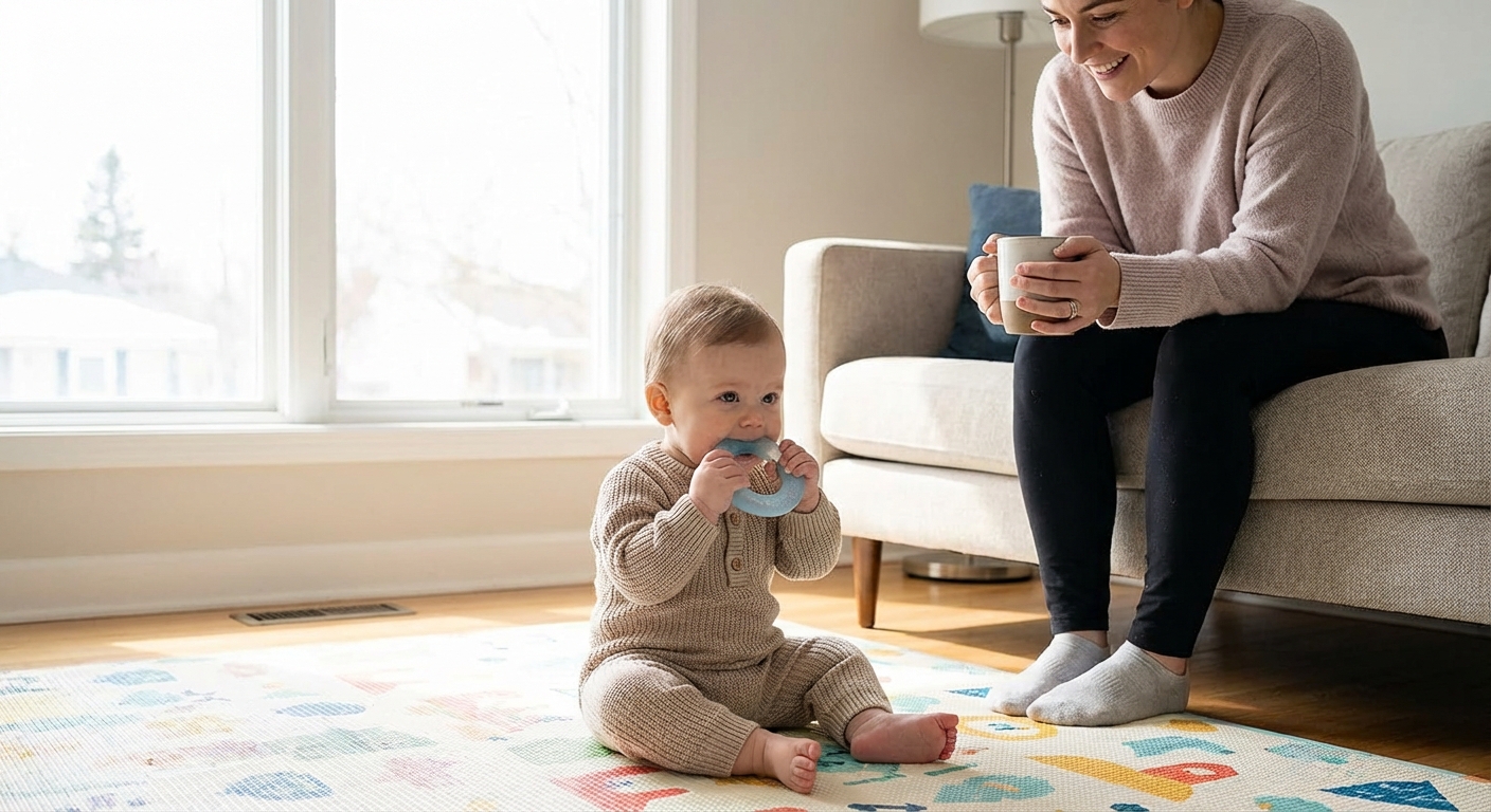 A baby sitting on a play mat holding a chilled silicone teething ring while a parent watches nearby, bright natural window light, photorealistic
