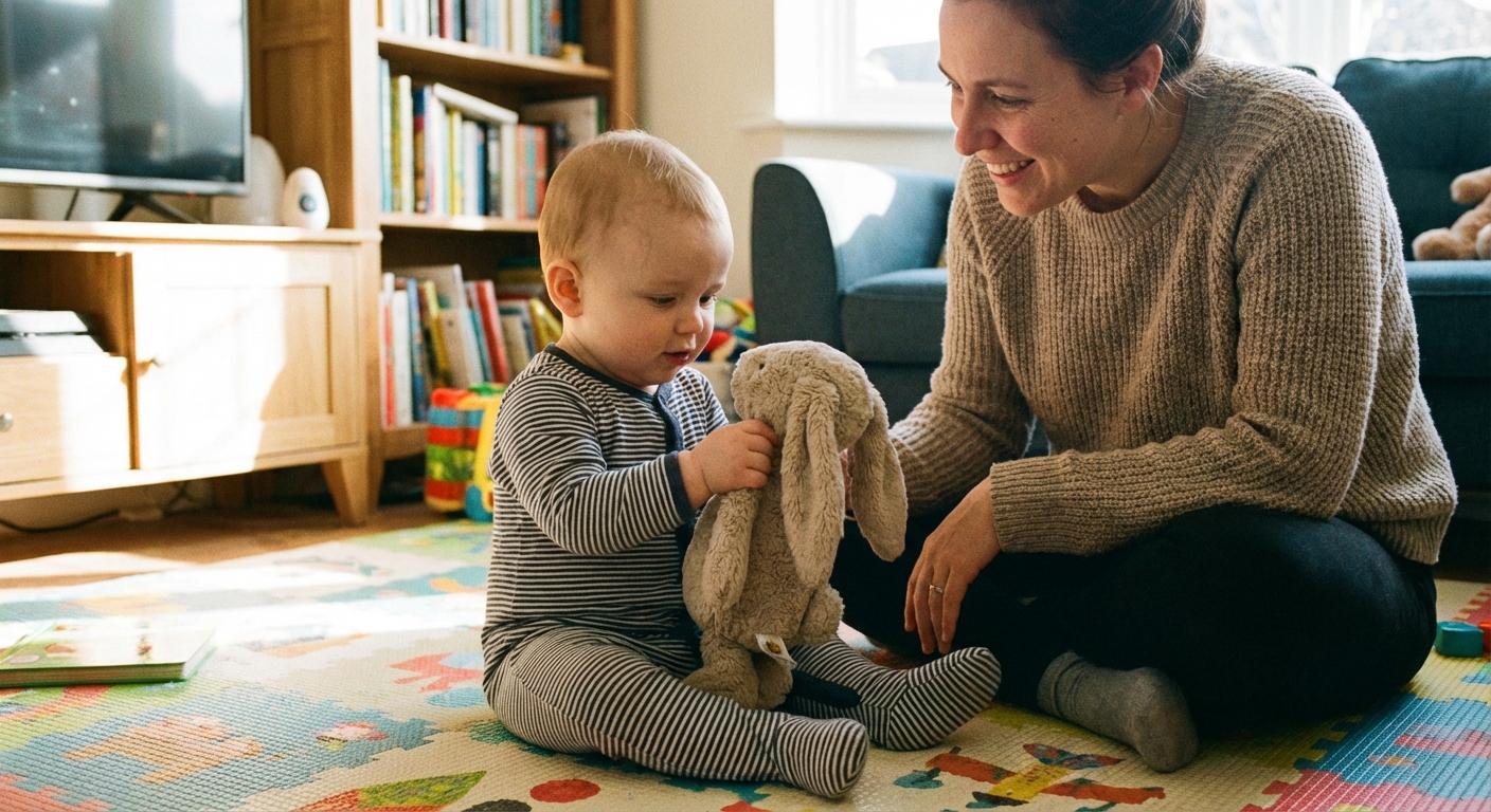 A baby sitting on a play mat holding a soft toy while a parent smiles nearby
