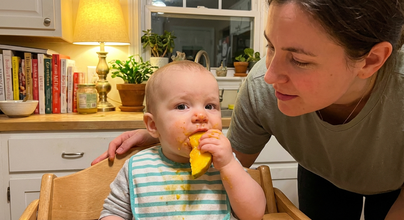 A baby sitting upright in a high chair holding a soft fruit wedge while a caregiver watches closely, warm indoor lighting, photorealistic