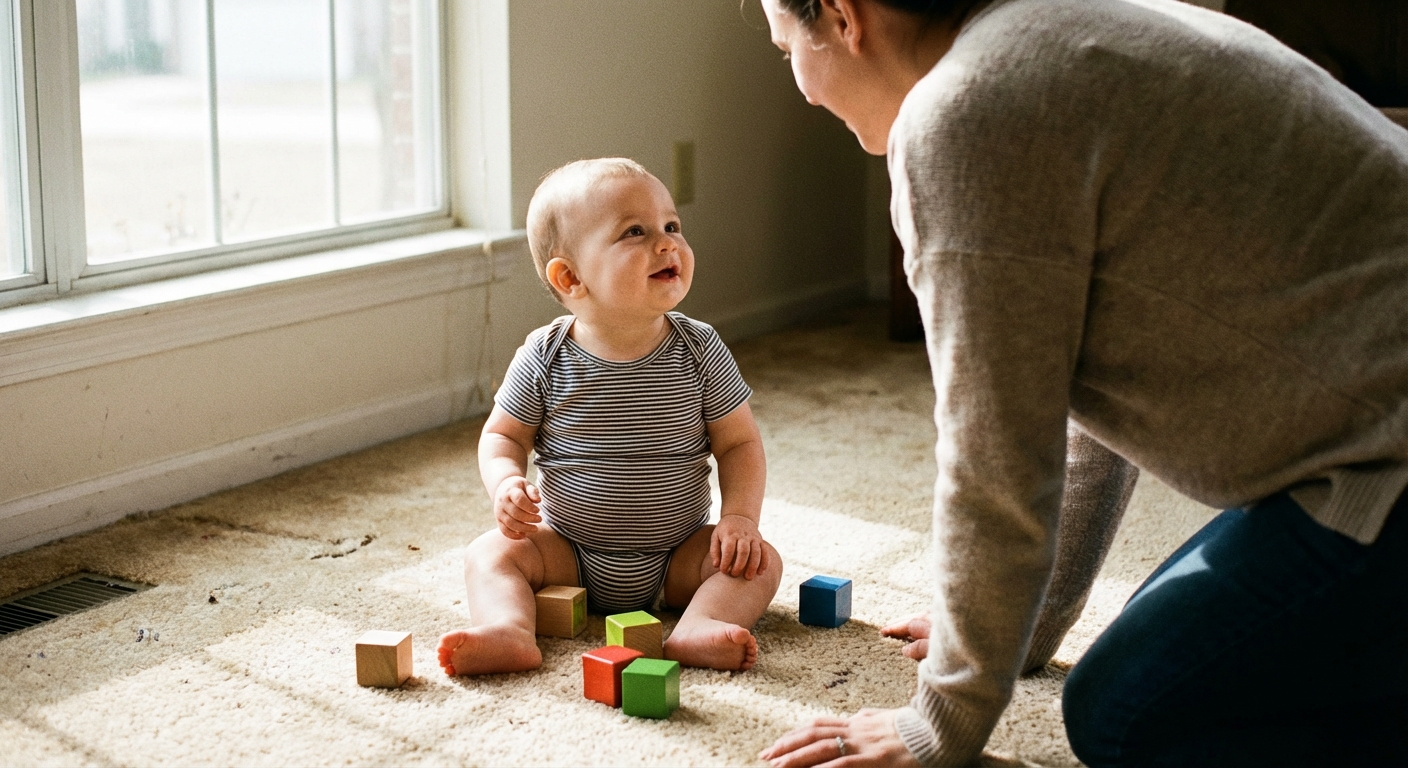 A baby sitting upright on a carpeted floor with a few simple blocks nearby, looking toward a caregiver, natural daylight, candid family photograph