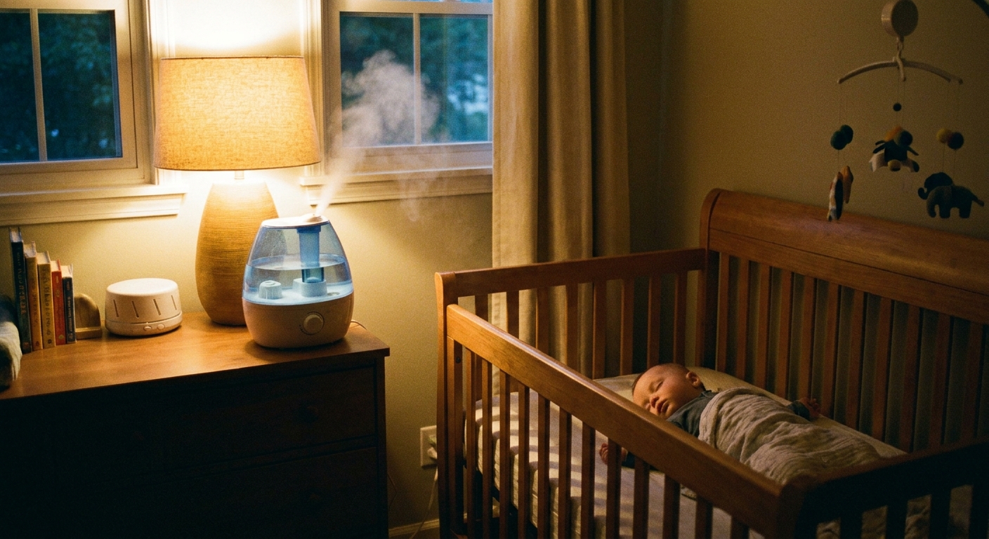 A baby sleeping in a crib at night with a cool-mist humidifier running nearby, soft warm lamp lighting, real photograph