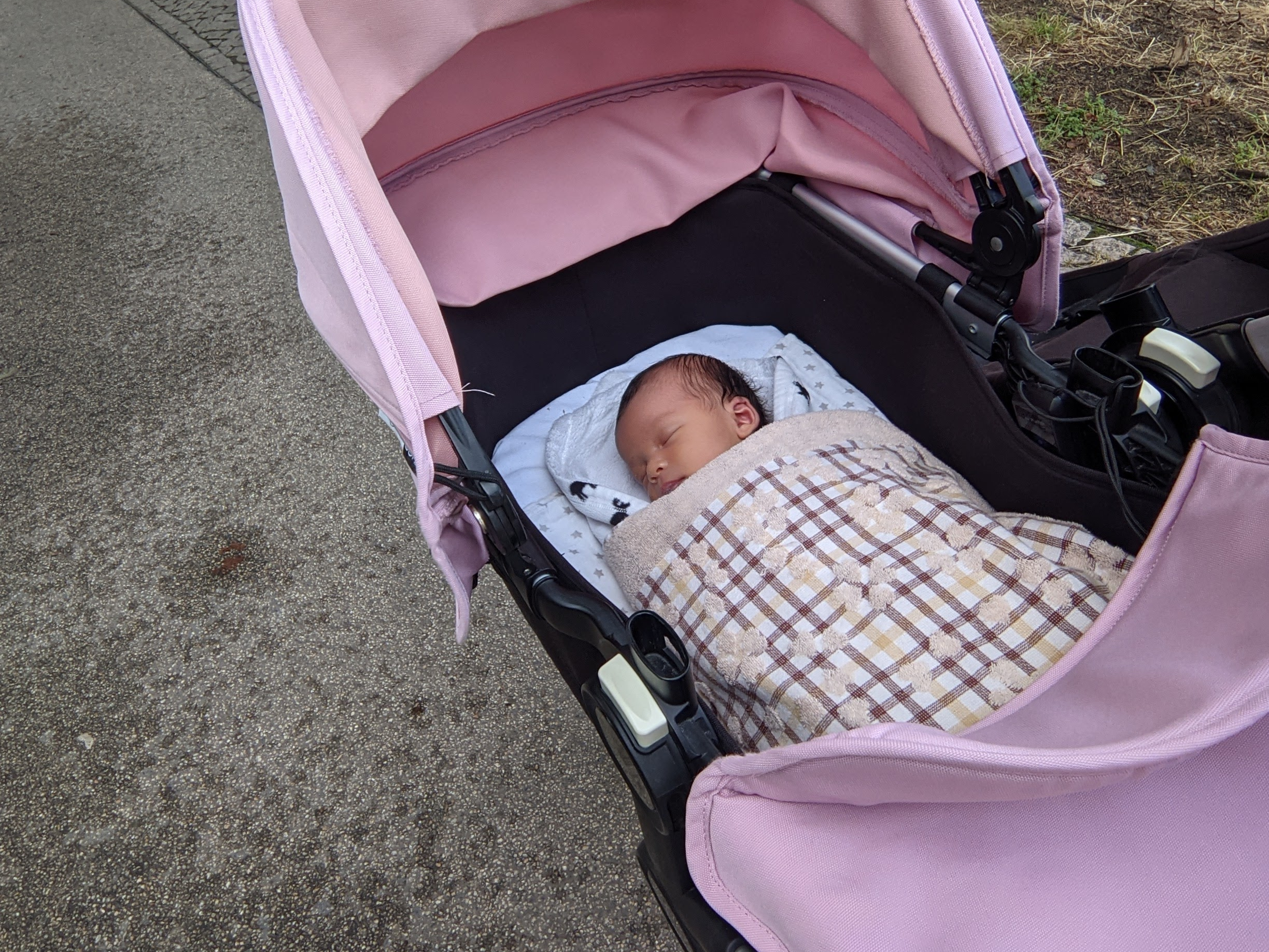 A baby sleeping in a stroller during a daytime walk on a quiet neighborhood sidewalk, natural light candid photograph