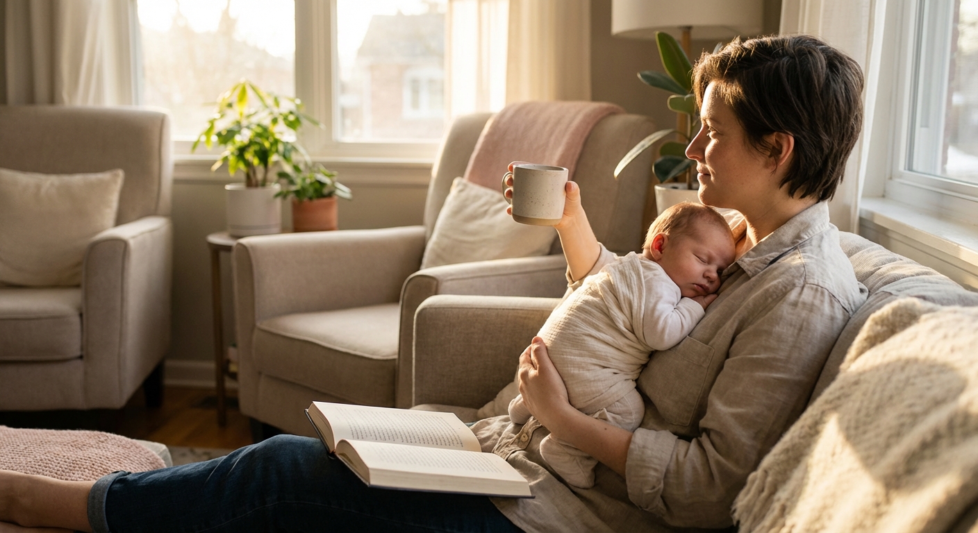 A baby sleeping on a parent’s chest while the parent stays awake and alert, peaceful afternoon light, candid lifestyle photograph