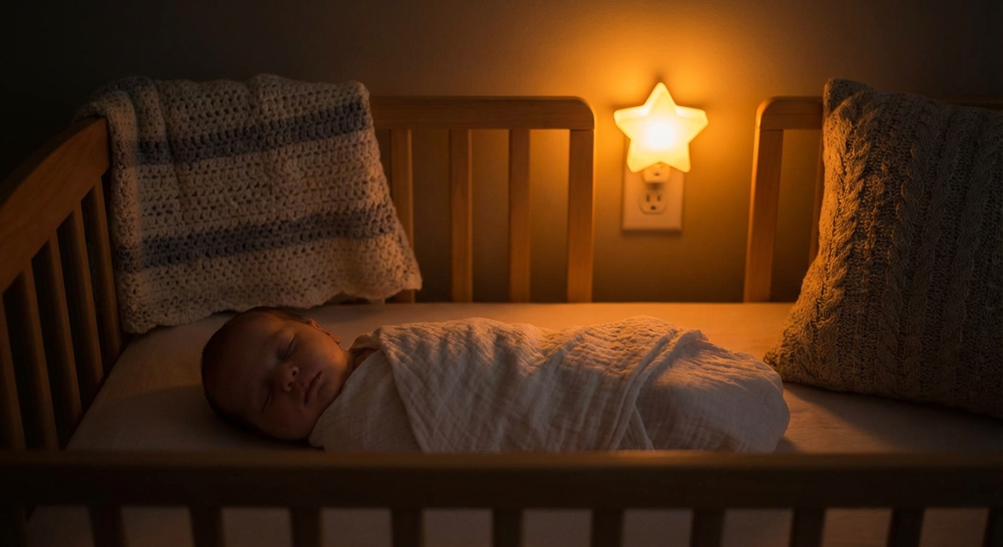 A baby sleeping on their back in a crib at night with a soft night light in the background, peaceful scene, photorealistic